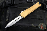 Microtech Combat Troodon Gen III OTF Knife- Double Edge- Tan Handle- Stonewash Part Serrated Blade 1142-11 TA Gen III