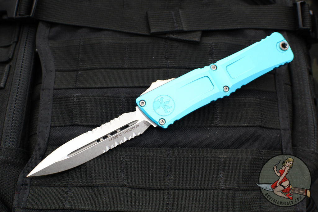 Microtech Combat Troodon Gen III OTF Knife- Double Edge- Turquoise Handle- Stonewash Part Serrated Blade 1142-11 TQ Gen III