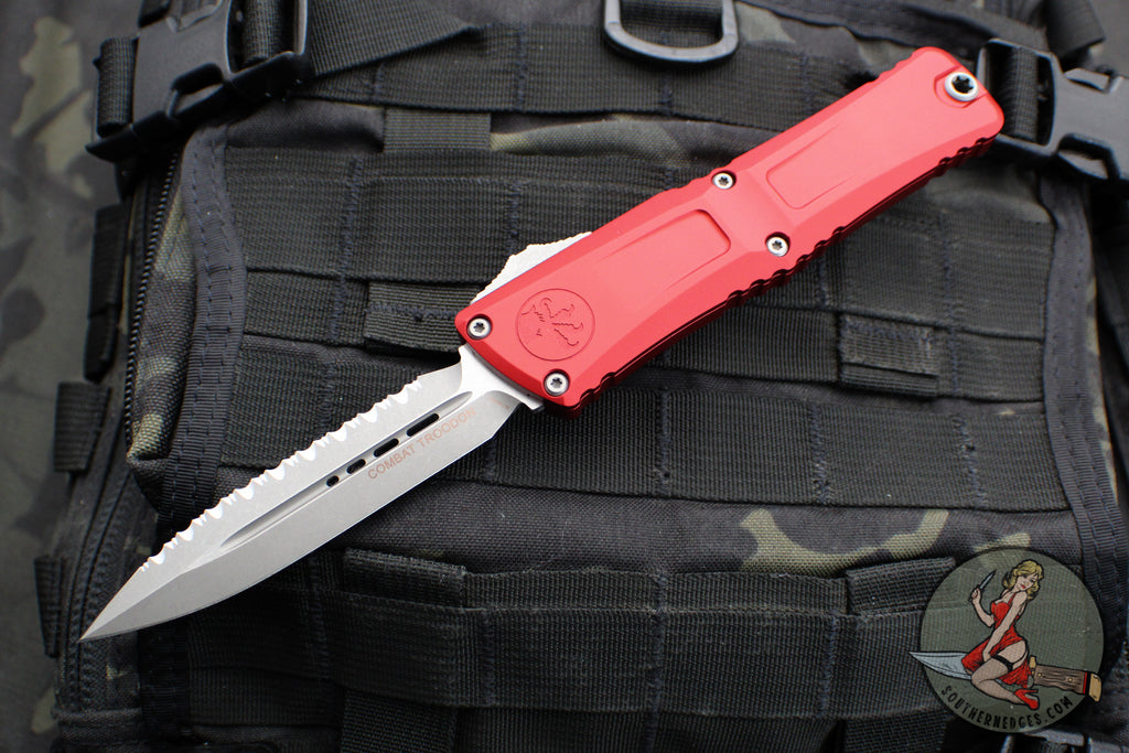 Microtech Combat Troodon Gen III OTF Knife- Double Edge- Red Handle- Apocalyptic Full Serrated Blade 1142-12 APRD Gen III 2024