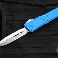 Microtech Combat Troodon Gen III OTF Knife- Double Edge- Blue Handle- Stonewash Full Serrated Blade 1142-12 BL Gen III 2024