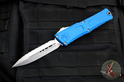 Microtech Combat Troodon Gen III OTF Knife- Double Edge- Blue Handle- Stonewash Full Serrated Blade 1142-12 BL Gen III 2024