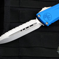 Microtech Combat Troodon Gen III OTF Knife- Double Edge- Blue Handle- Stonewash Full Serrated Blade 1142-12 BL Gen III 2024