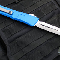 Microtech Combat Troodon Gen III OTF Knife- Double Edge- Blue Handle- Stonewash Full Serrated Blade 1142-12 BL Gen III 2024