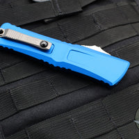 Microtech Combat Troodon Gen III OTF Knife- Double Edge- Blue Handle- Stonewash Full Serrated Blade 1142-12 BL Gen III 2024