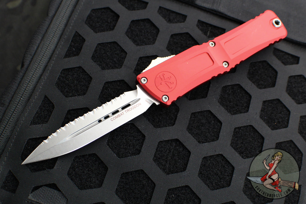 Microtech Combat Troodon Gen III OTF Knife- Double Edge- Red Handle- Stonewash Full Serrated Blade 1142-12 RD Gen III 2024