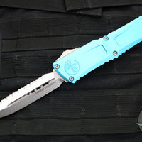 Microtech Combat Troodon Gen III OTF Knife- Double Edge- Turquoise Handle- Stonewash Full Serrated Blade 1142-12 TQ Gen III