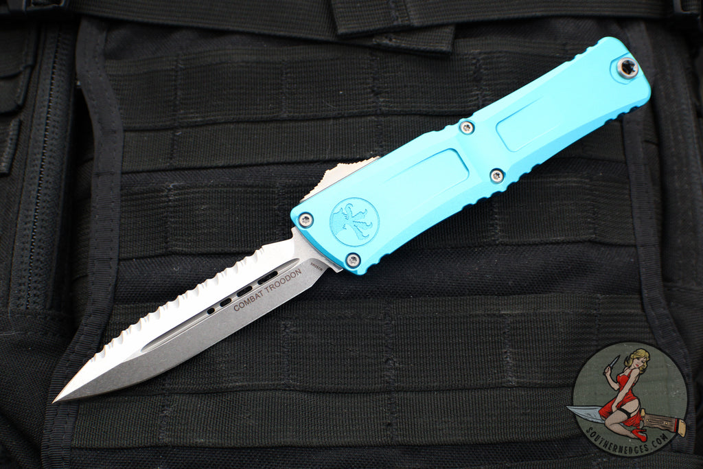 Microtech Combat Troodon Gen III OTF Knife- Double Edge- Turquoise Handle- Stonewash Full Serrated Blade 1142-12 TQ Gen III