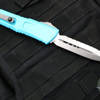 Microtech Combat Troodon Gen III OTF Knife- Double Edge- Turquoise Handle- Stonewash Full Serrated Blade 1142-12 TQ Gen III