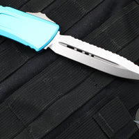 Microtech Combat Troodon Gen III OTF Knife- Double Edge- Turquoise Handle- Stonewash Full Serrated Blade 1142-12 TQ Gen III