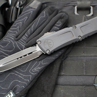 Microtech Combat Troodon Gen III OTF Knife- Double Edge-Shadow Edition- Black Handle- Black DLC Plain Edge Blade 1142-1 DLCTSH Gen III