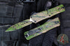 Microtech Combat Troodon Gen III OTF Knife- Double Edge- Tan Handle And Blade- OD Green And Black Splatter Finished 1142-1 ODTABKSPLS