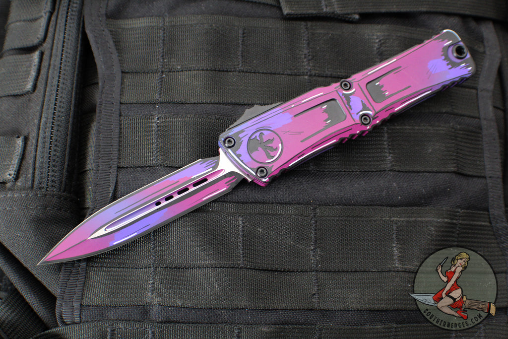 Microtech Combat Troodon Gen III OTF Knife- Double Edge- Purple Cel Shade Finished Handle- Purple Cel Shade Plain Edge Blade 1142-1 PUCOMICS GEN III