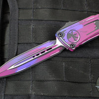 Microtech Combat Troodon Gen III OTF Knife- Double Edge- Purple Cel Shade Finished Handle- Purple Cel Shade Plain Edge Blade 1142-1 PUCOMICS GEN III