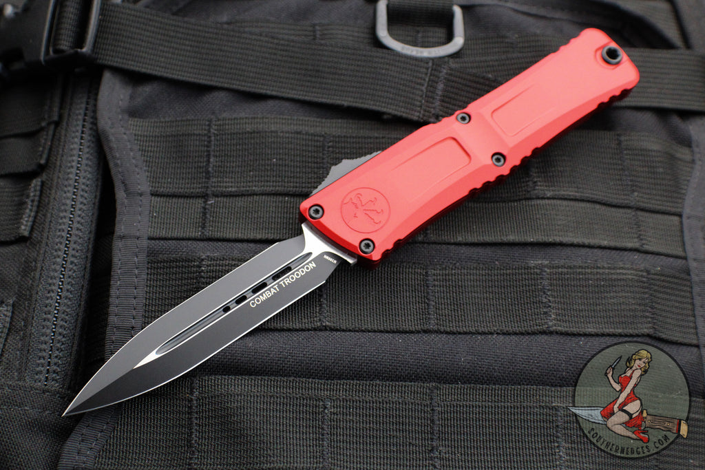 Microtech Combat Troodon Gen III OTF Knife- Double Edge- Red Handle- Black Plain Edge Blade 1142-1 RD Gen III 2024