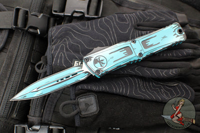 Microtech Combat Troodon Gen III OTF Knife- Double Edge- Turquoise Cel Shade Finished Handle- Turquoise Cel Shade Plain Edge Blade 1142-1 TQCOMICS GEN III