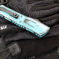 Microtech Combat Troodon Gen III OTF Knife- Double Edge- Turquoise Cel Shade Finished Handle- Turquoise Cel Shade Plain Edge Blade 1142-1 TQCOMICS GEN III