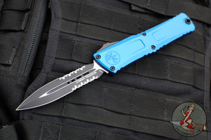 Microtech Combat Troodon Gen III OTF Knife- Double Edge- Blue Handle- Black Part Serrated Edge Blade 1142-2 BL Gen III 2024