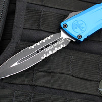 Microtech Combat Troodon Gen III OTF Knife- Double Edge- Blue Handle- Black Part Serrated Edge Blade 1142-2 BL Gen III 2024