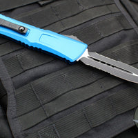 Microtech Combat Troodon Gen III OTF Knife- Double Edge- Blue Handle- Black Part Serrated Edge Blade 1142-2 BL Gen III 2024