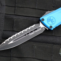 Microtech Combat Troodon Gen III OTF Knife- Double Edge- Blue Handle- Black Full Serrated Edge Blade 1142-3 BL Gen III 2024