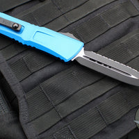 Microtech Combat Troodon Gen III OTF Knife- Double Edge- Blue Handle- Black Full Serrated Edge Blade 1142-3 BL Gen III 2024