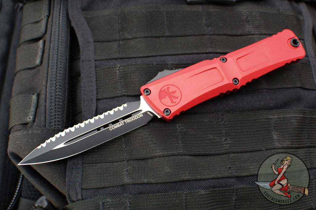 Microtech Combat Troodon Gen III OTF Knife- Double Edge- Red Handle- Black Full Serrated Edge Blade 1142-3 RD Gen III