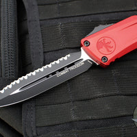 Microtech Combat Troodon Gen III OTF Knife- Double Edge- Red Handle- Black Full Serrated Edge Blade 1142-3 RD Gen III