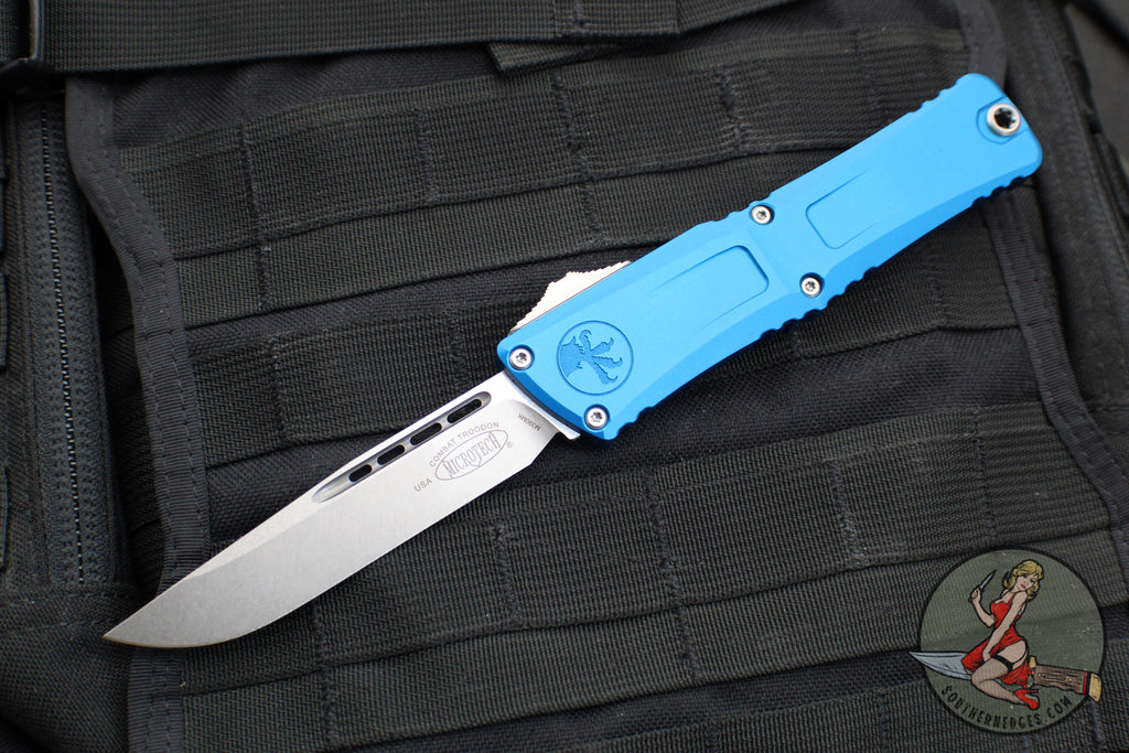 Microtech Combat Troodon Gen III OTF Knife- Single Edge- Blue Handle- Stonewash Blade 1143-10 BL Gen III 2024