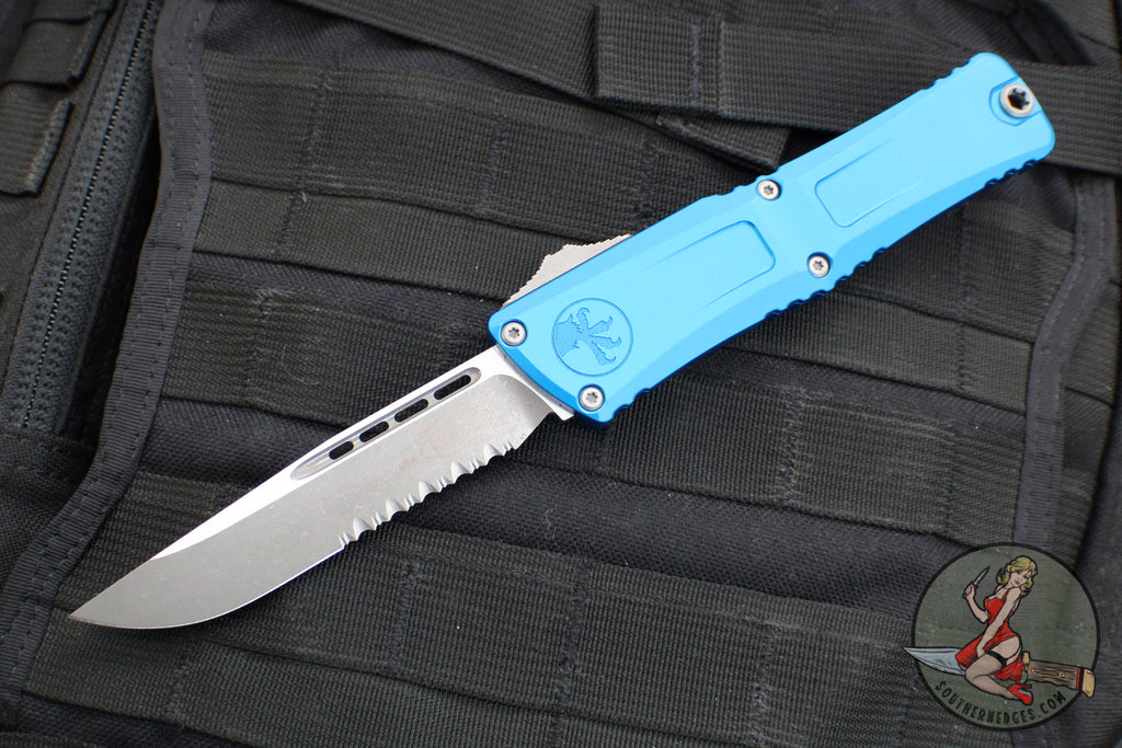 Microtech Combat Troodon Gen III OTF Knife- Single Edge- Blue Handle- Apocalyptic Part Serrated Blade 1143-11 APBL Gen III 2024