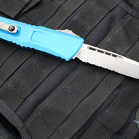 Microtech Combat Troodon Gen III OTF Knife- Single Edge- Blue Handle- Apocalyptic Part Serrated Blade 1143-11 APBL Gen III 2024