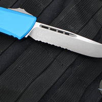 Microtech Combat Troodon Gen III OTF Knife- Single Edge- Blue Handle- Apocalyptic Part Serrated Blade 1143-11 APBL Gen III 2024