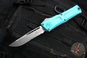 Microtech Combat Troodon Gen III OTF Knife- Single Edge- Turquoise Handle- Stonewash Part Serrated Blade 1143-11 TQ Gen III