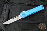 Microtech Combat Troodon Gen III OTF Knife- Single Edge- Blue Handle- Stonewash Part Serrated Blade 1143-11 BL Gen III