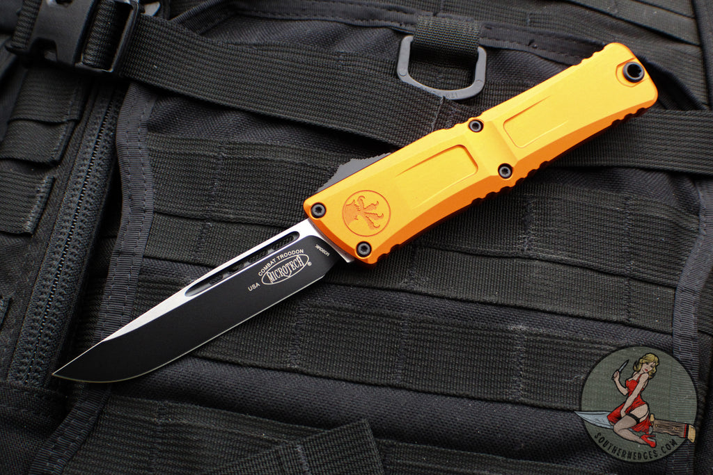 Microtech Combat Troodon Gen III OTF Knife- Single Edge- Orange Handle- Black Plain Edge Blade 1143-1 OR Gen III