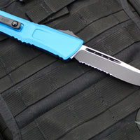 Microtech Combat Troodon Gen III OTF Knife- Single Edge- Blue Handle- Black Part Serrated Edge Blade 1143-2 BL Gen III 2024