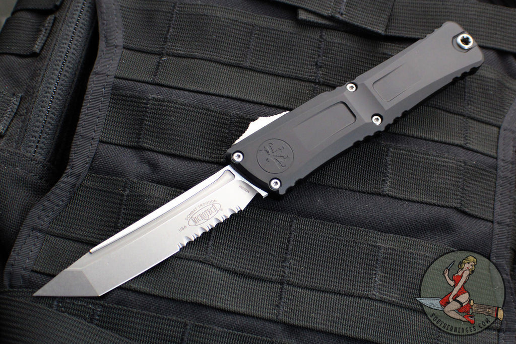 Microtech Combat Troodon Gen III OTF Knife- Tanto Edge- Black Handle- Stonewash Part Serrated Blade 1144-11 Gen III 2024