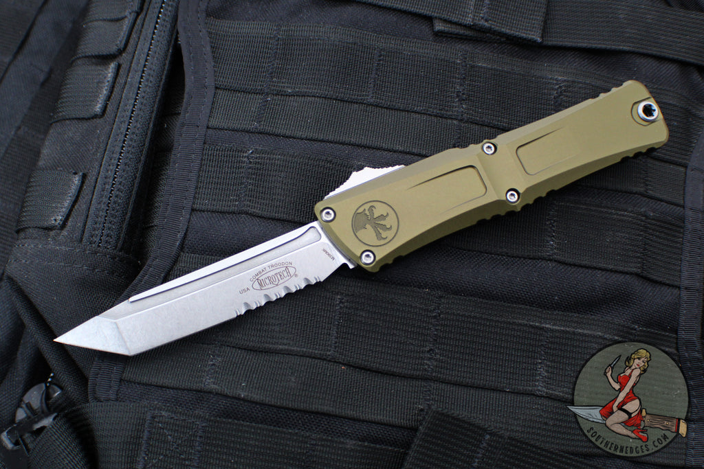 Microtech Combat Troodon Gen III OTF Knife- Tanto Edge- OD Green Finished Handle- Stonewash Part Serrated Blade 1144-11 OD Gen III