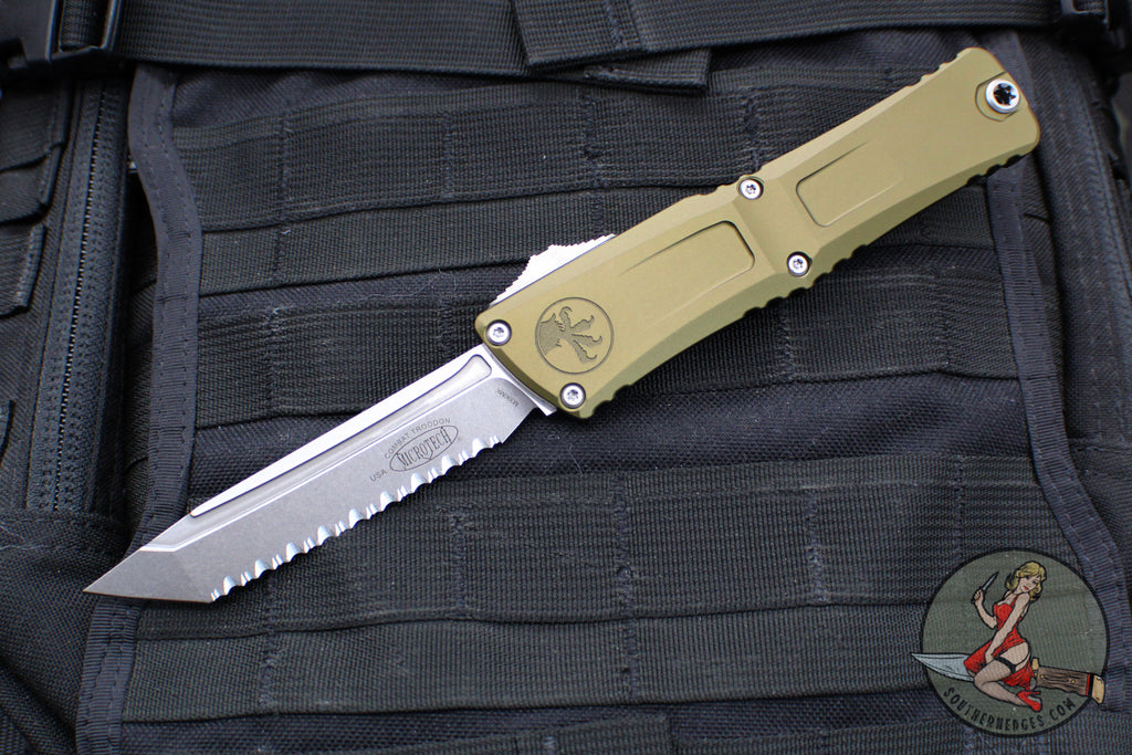 Microtech Combat Troodon Gen III OTF Knife- Tanto Edge- OD Green Handle- Stonewash Full Serrated Blade 1144-12 OD Gen III