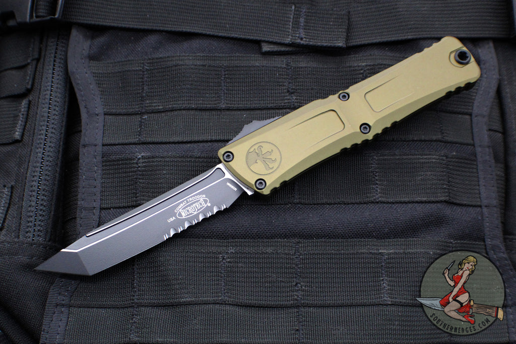 Microtech Combat Troodon Gen III OTF Knife- Tanto Edge- OD Green Handle- Black Part Serrated Edge Blade 1144-2 OD Gen III 2025