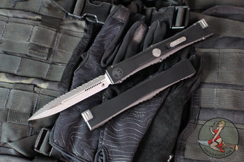 Microtech Nemesis IV- Double Edge- Marfione Select- Black Handle- Stonewash Full Serrated Blade 1152-12 MS1