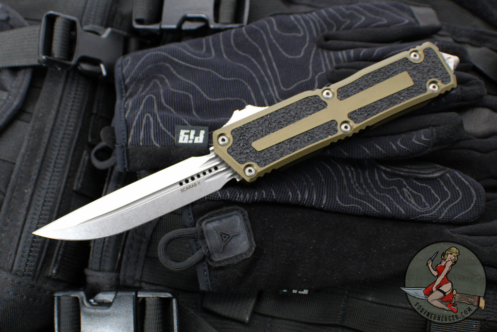 Microtech Scarab II 2024- D/E-S Double/Single Edge- OD Green Handle- Stonewash Plain Edge Blade 1180-10 OD