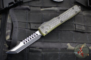 Microtech Ultratech OTF Knife- Hellhound Edge- Hex Pattern Weathered OD Green Handle- Distressed Black Blade 119-1 HXWODS