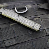Microtech Ultratech OTF Knife- Hellhound Edge- Hex Pattern Weathered OD Green Handle- Distressed Black Blade 119-1 HXWODS