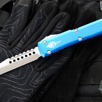 Microtech Ultratech OTF Knife- Warhound- Blue Handle- Stonewash Blade 119W-10 BLS