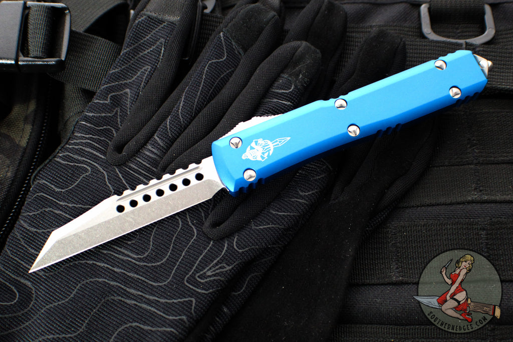 Microtech Ultratech OTF Knife- Warhound- Blue Handle- Stonewash Blade 119W-10 BLS