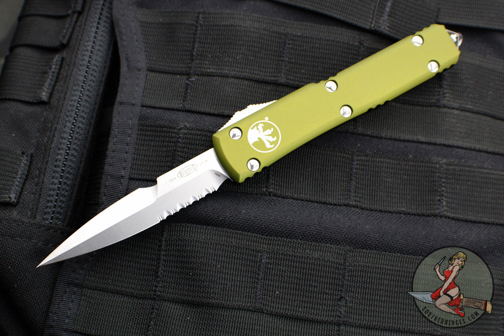 Microtech Ultratech OTF Knife- Bayonet Edge- OD Green Handle- Part Serrated Stonewash Blade 120-11 OD