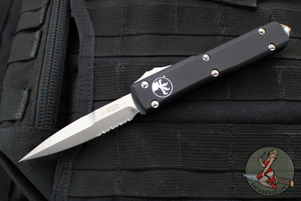 Microtech Ultratech OTF Knife- Bayonet Edge- Black Handle- Stonewash Part Serrated Blade 120-11