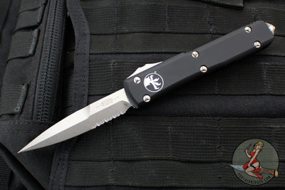 Microtech Ultratech OTF Knife- Bayonet Edge- Black Handle- Stonewash Part Serrated Blade 120-11