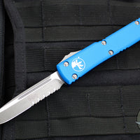 Microtech Ultratech OTF Knife- Single Edge- Blue Handle- Apocalyptic Part Serrated Blade 121-11 APBL