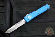 Microtech Ultratech OTF Knife- Single Edge- Blue Handle- Apocalyptic Part Serrated Blade 121-11 APBL